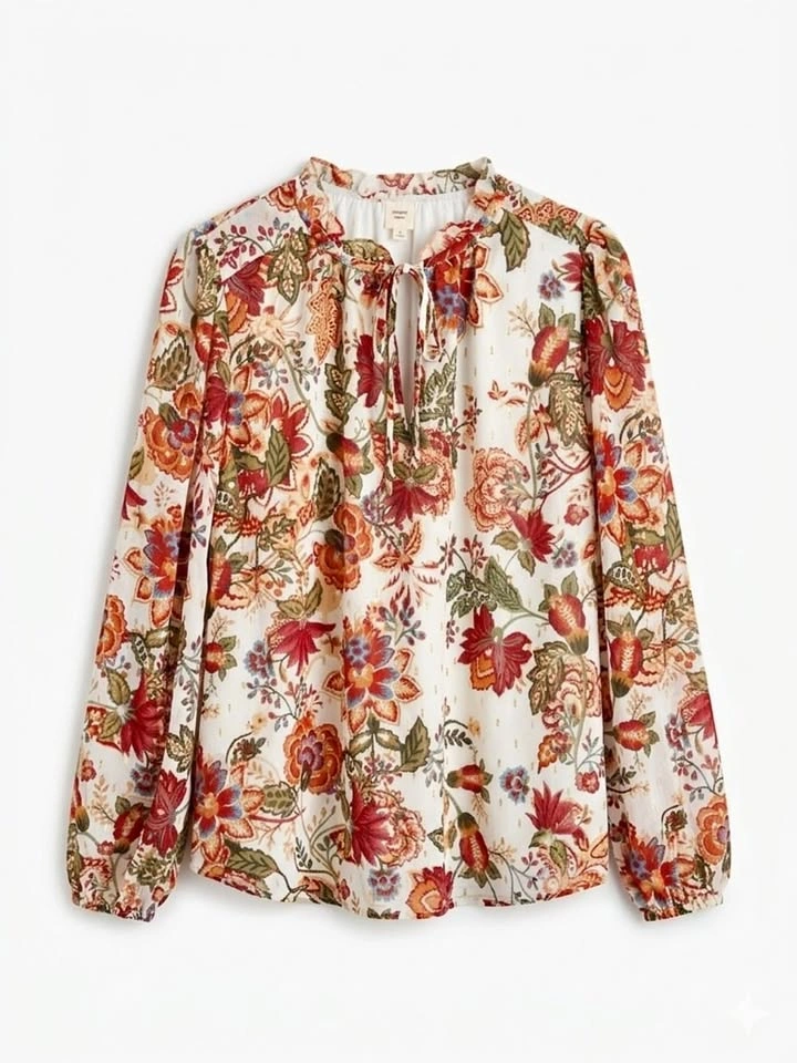 Autres Filles Floral Boho Tie-Neck Blouse Cream Red Large