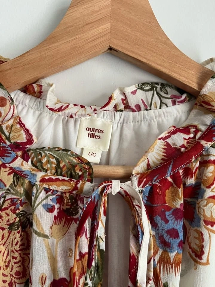 Autres Filles Floral Boho Tie-Neck Blouse Cream Red Large - photo 3