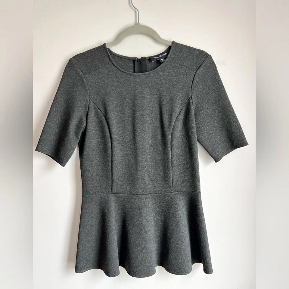 Pink Tartan Charcoal Grey Structured Peplum Knit Top - XS