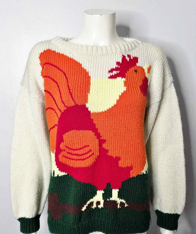 Vintage 80s Hand Knit Rooster Sweater