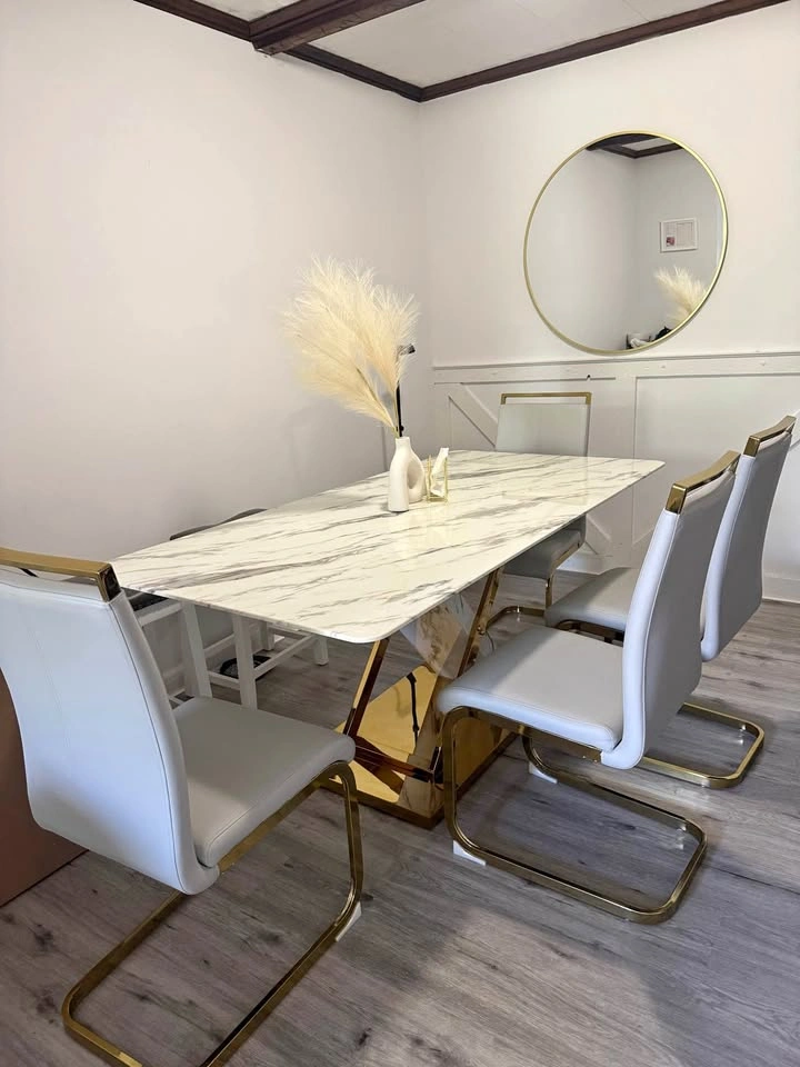 Modern Marble Dining Table Set – White & Gold – 4 Chairs