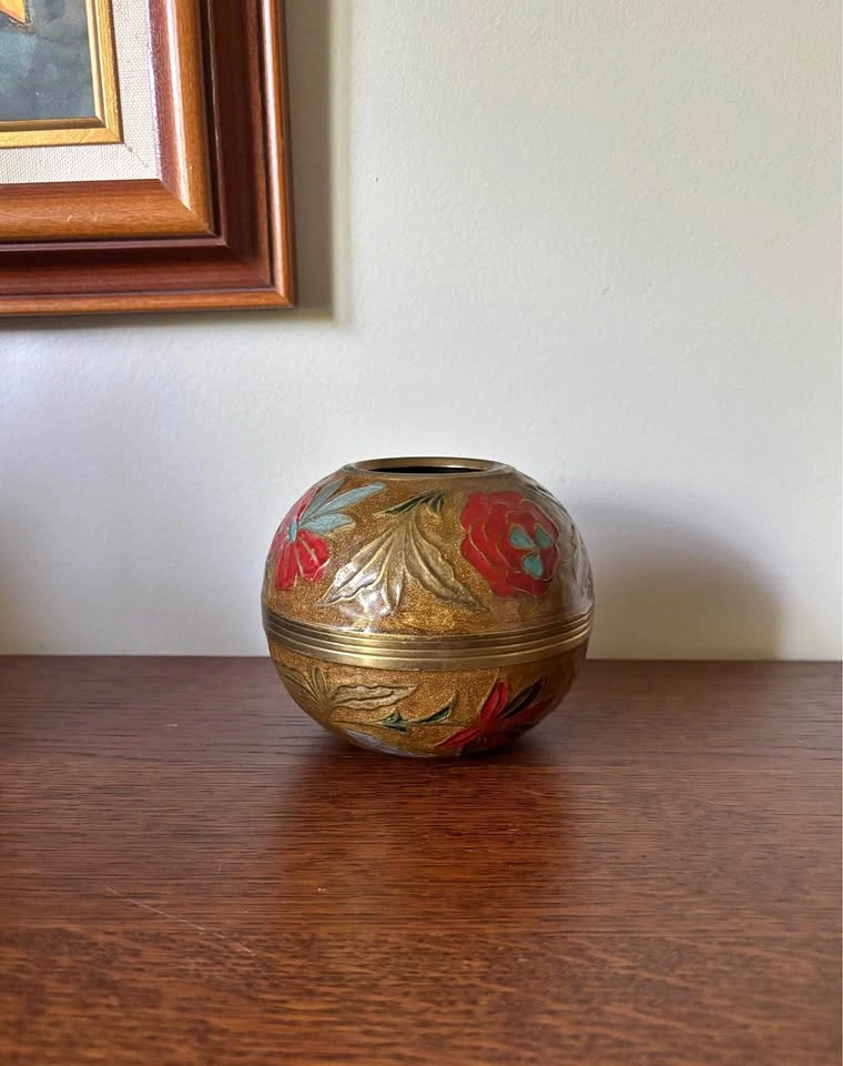 Vintage Etched Brass Cloisonne Enamel Spherical Bud Vase Pot
