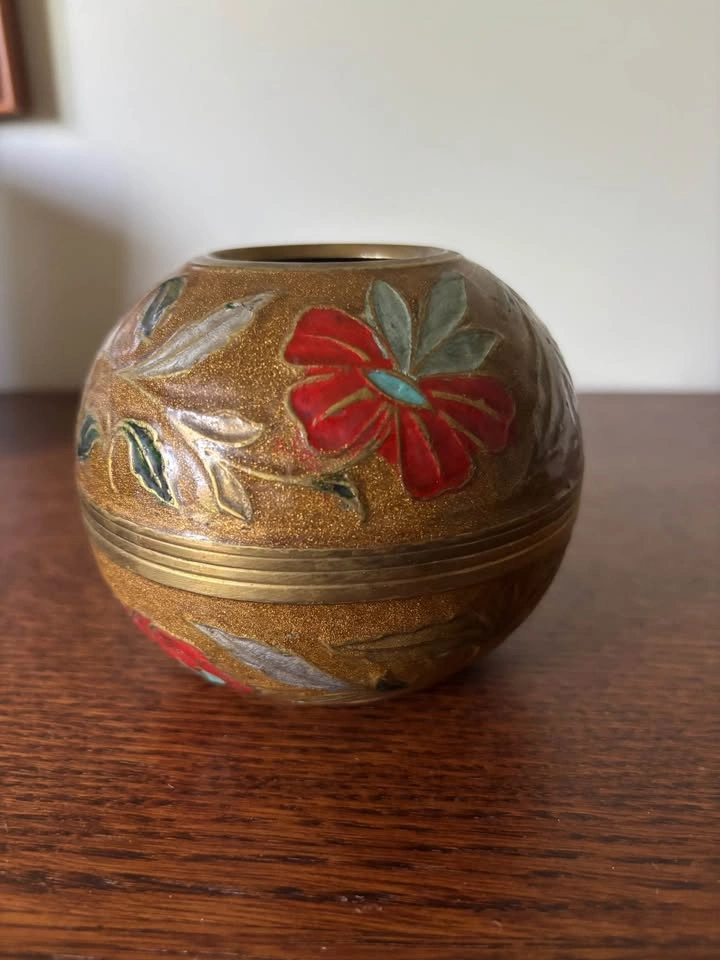 Vintage Etched Brass Cloisonne Enamel Spherical Bud Vase Pot - photo 5