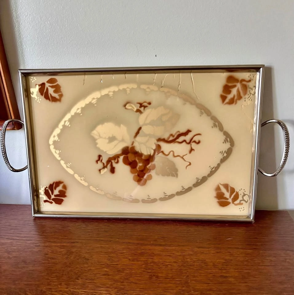 Vintage Reverse Painted Glass Cocktail Serving Tray Grape Motif