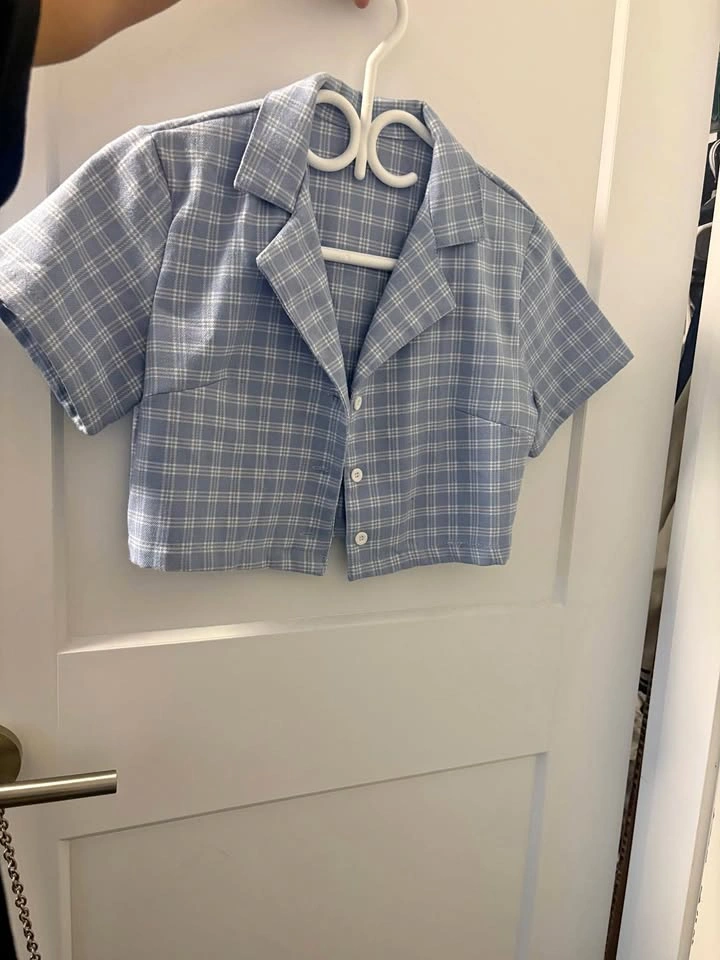 Blue Plaid Cropped Short Sleeve Button-Up Shirt