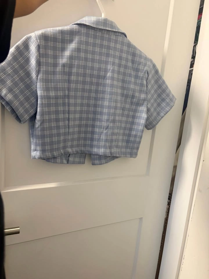 Blue Plaid Cropped Short Sleeve Button-Up Shirt - photo 2
