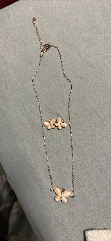 Rose Gold Tone Butterfly Jewelry Set - Necklace and Earrings