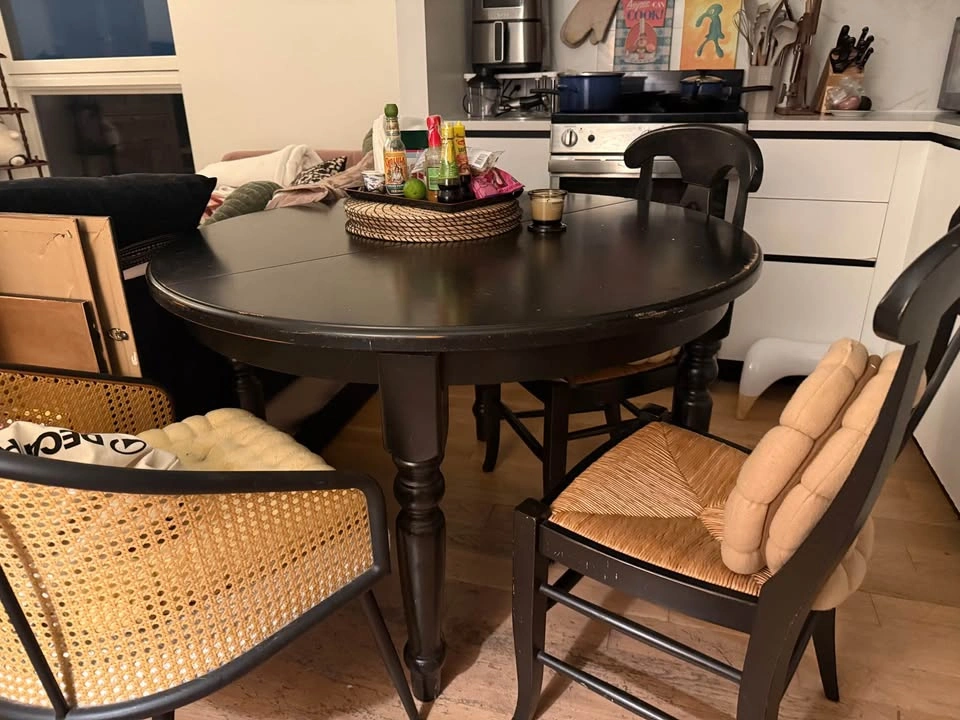 Large black extendable 6-person dining table & chairs - photo 4