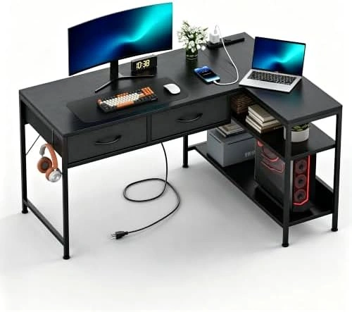 39in L-Shaped Computer Desk with Power Outlet & Drawers