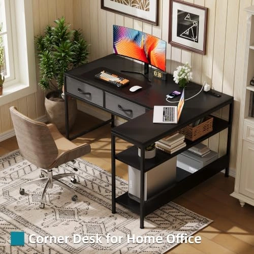 39in L-Shaped Computer Desk with Power Outlet & Drawers - photo 2
