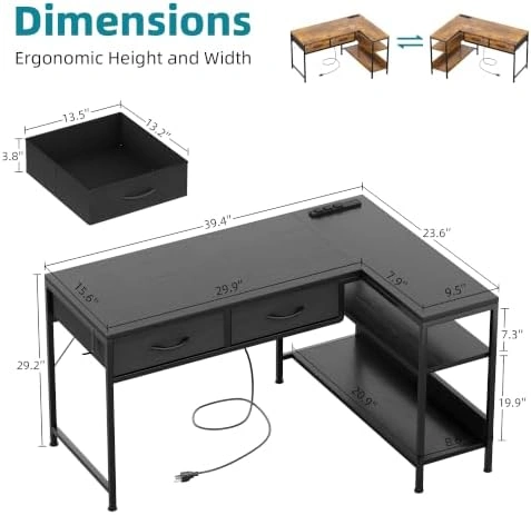 39in L-Shaped Computer Desk with Power Outlet & Drawers - photo 3
