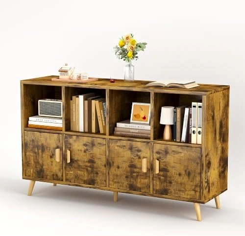 8-Cube Bookshelf with Doors – Wooden Bookcase, Rustic Brown