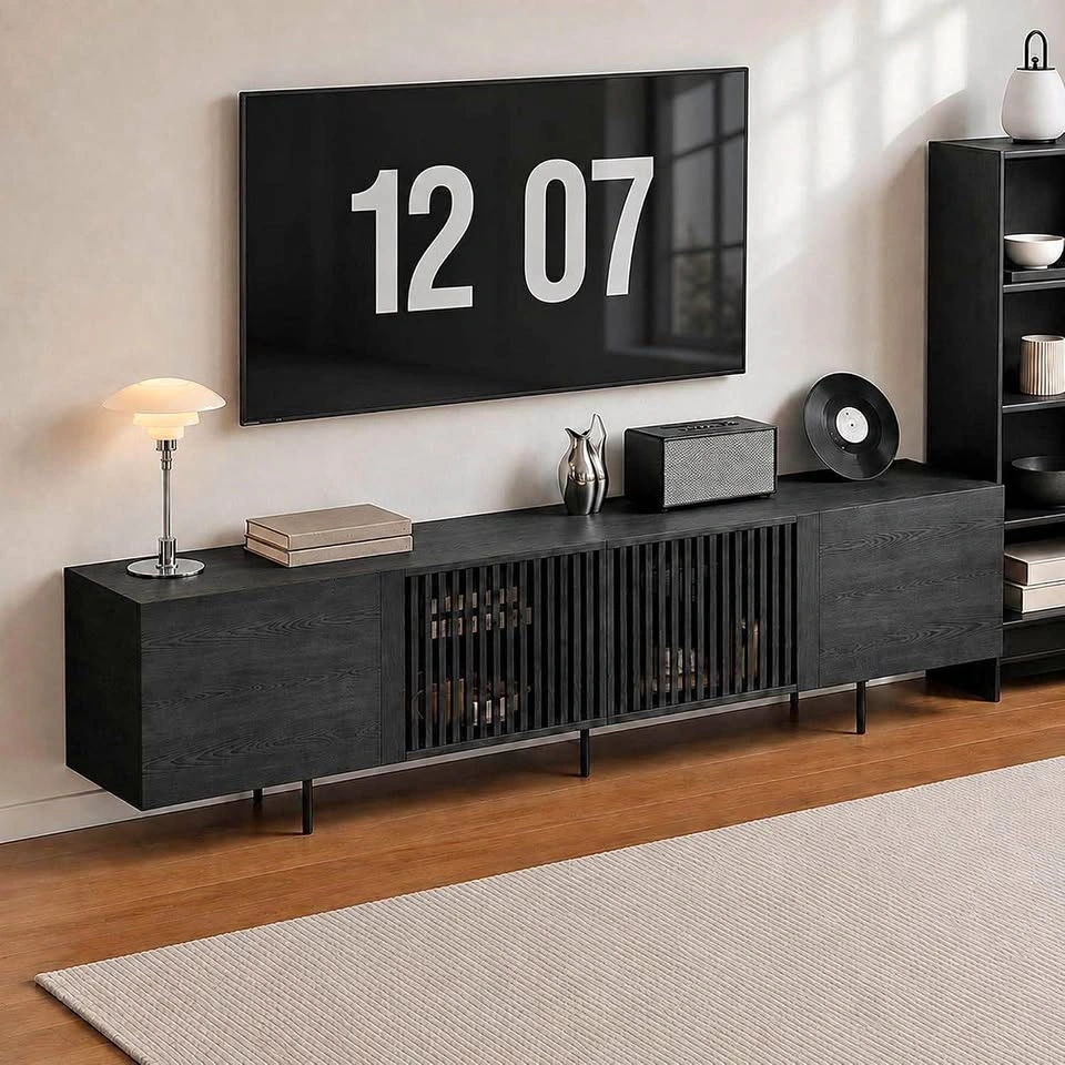 Modern Black Wood Grain TV Stand with Slatted Doors