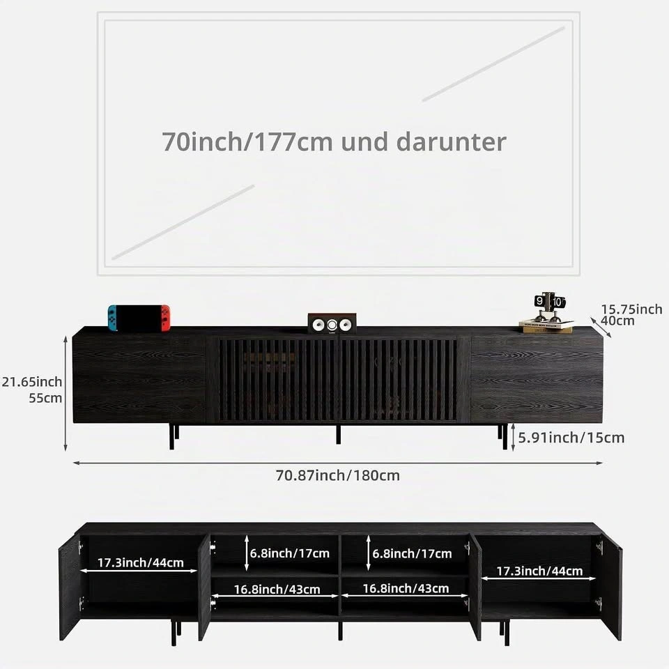 Modern Black Wood Grain TV Stand with Slatted Doors - photo 2