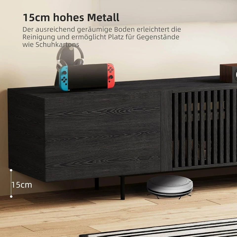 Modern Black Wood Grain TV Stand with Slatted Doors - photo 3