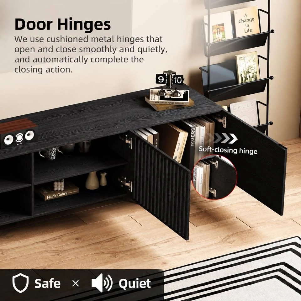 Modern Black Wood Grain TV Stand with Slatted Doors - photo 4