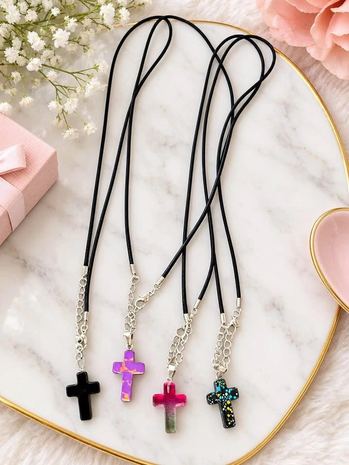 Natural stones Cross Pendant Necklaces with Black Shiny Cord