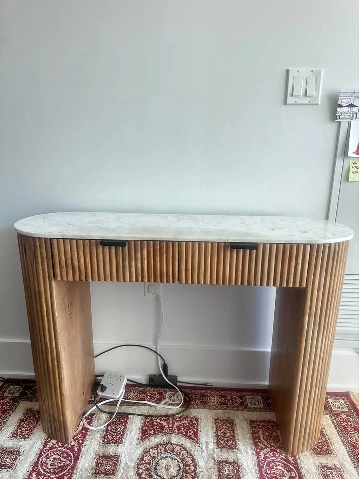 Fluted Wood Console Table with Marble Top & 2 Drawers