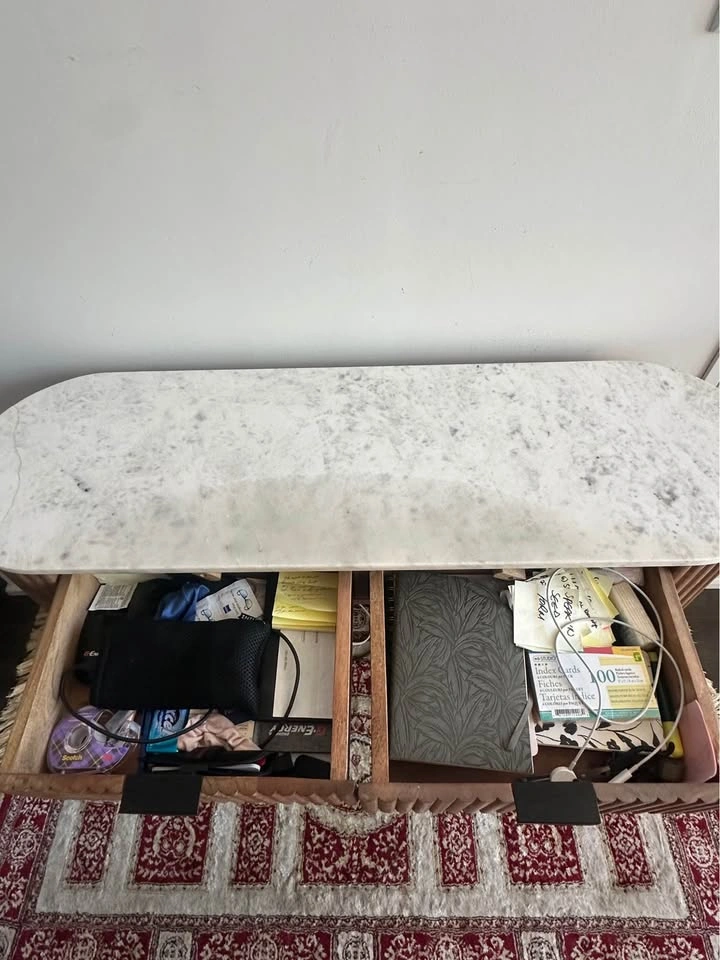 Fluted Wood Console Table with Marble Top & 2 Drawers - photo 2