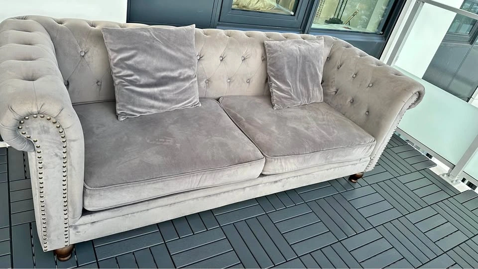 Grey Velvet Chesterfield Sofa - Tufted & Nailhead Detail