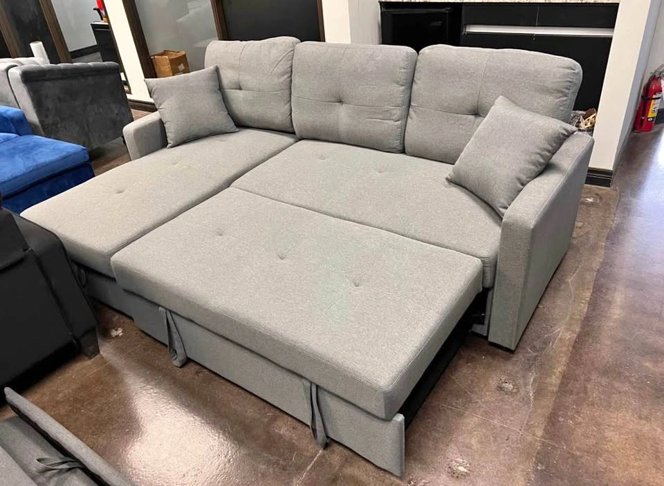 Grey Fabric Sectional Sleeper Sofa with Storage Chaise