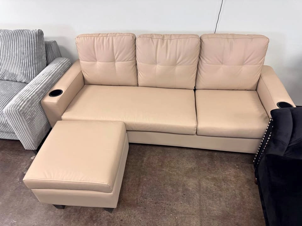 Beige Faux Leather Sofa with Ottoman and Cup Holders
