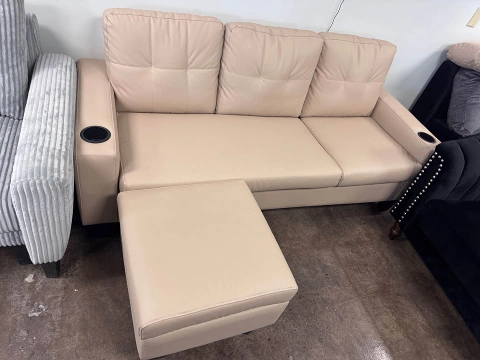 Beige Faux Leather Sofa with Ottoman and Cup Holders - photo 2