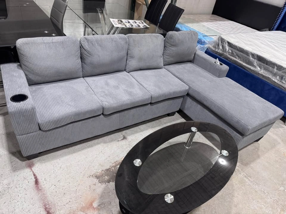 Corduroy Sectional Sofa with Chaise and Cup Holder