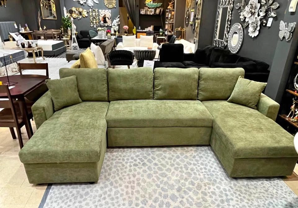 Green U-Shaped Sleeper Sectional Sofa with Storage