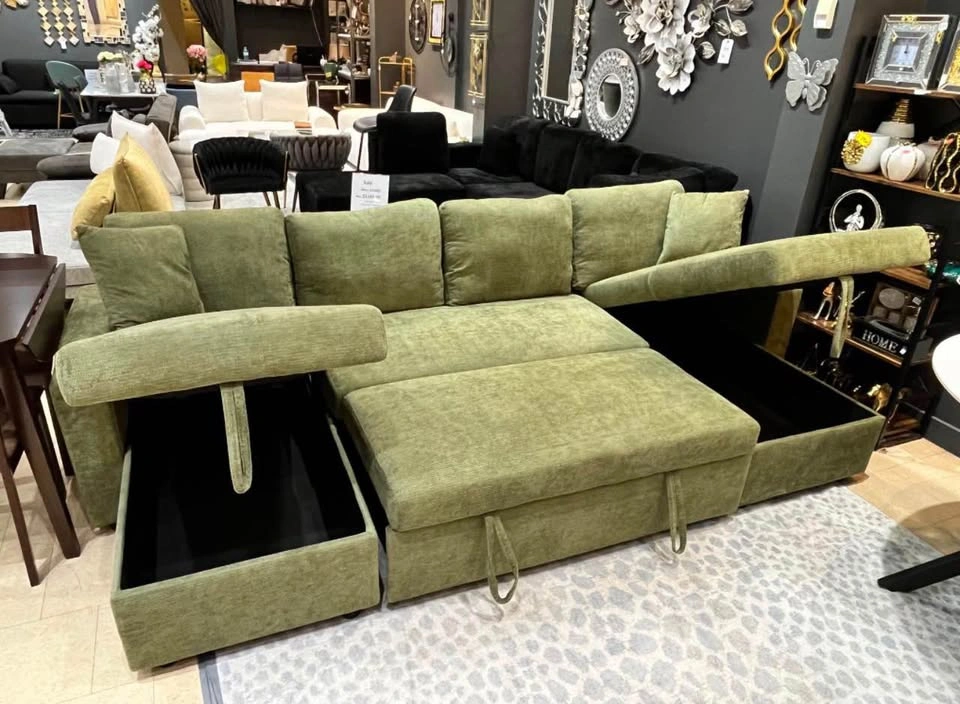Green U-Shaped Sleeper Sectional Sofa with Storage - photo 2