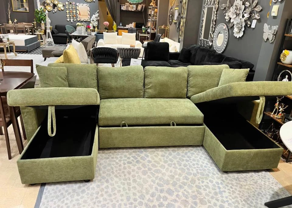 Green U-Shaped Sleeper Sectional Sofa with Storage - photo 3