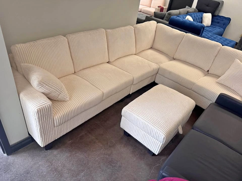 Cream Ribbed Corduroy Sectional Sofa with Ottoman