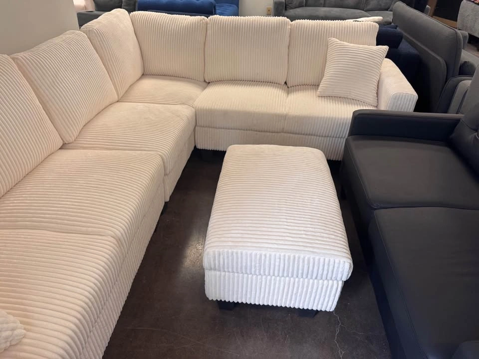 Cream Ribbed Corduroy Sectional Sofa with Ottoman - photo 2