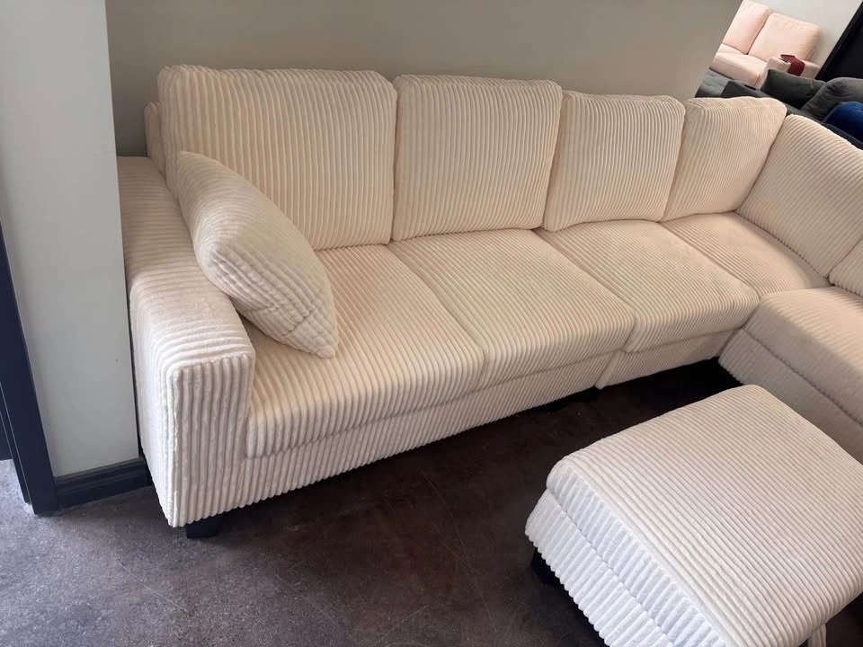 Cream Ribbed Corduroy Sectional Sofa with Ottoman - photo 3
