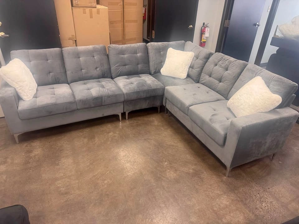 Grey Velvet Tufted Sectional Sofa