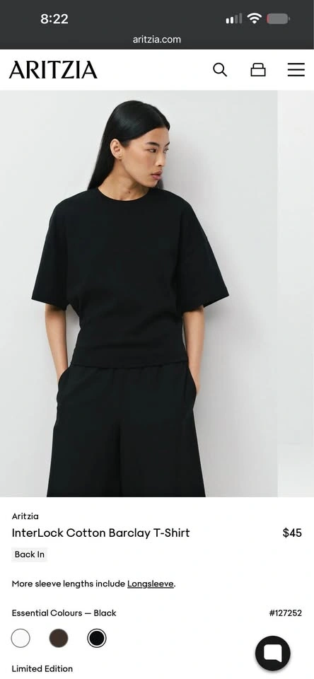Aritzia InterLock Cotton Barclay T-Shirt, Size L