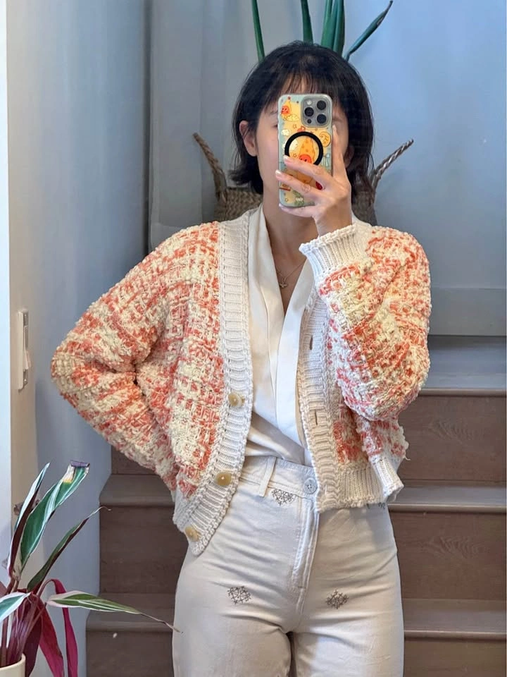 Orange and White Textured Knit Cardigan Sweater