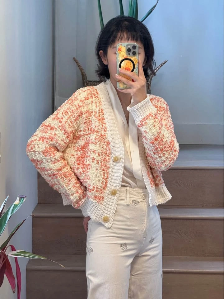 Orange and White Textured Knit Cardigan Sweater - photo 2
