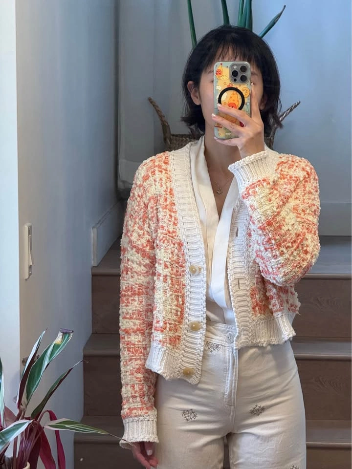 Orange and White Textured Knit Cardigan Sweater - photo 3