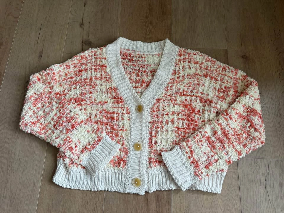 Orange and White Textured Knit Cardigan Sweater - photo 4