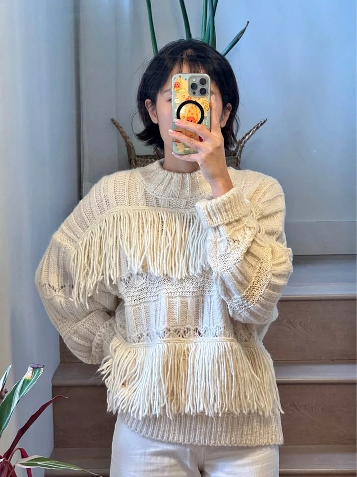 Cream Fringe Knit Sweater