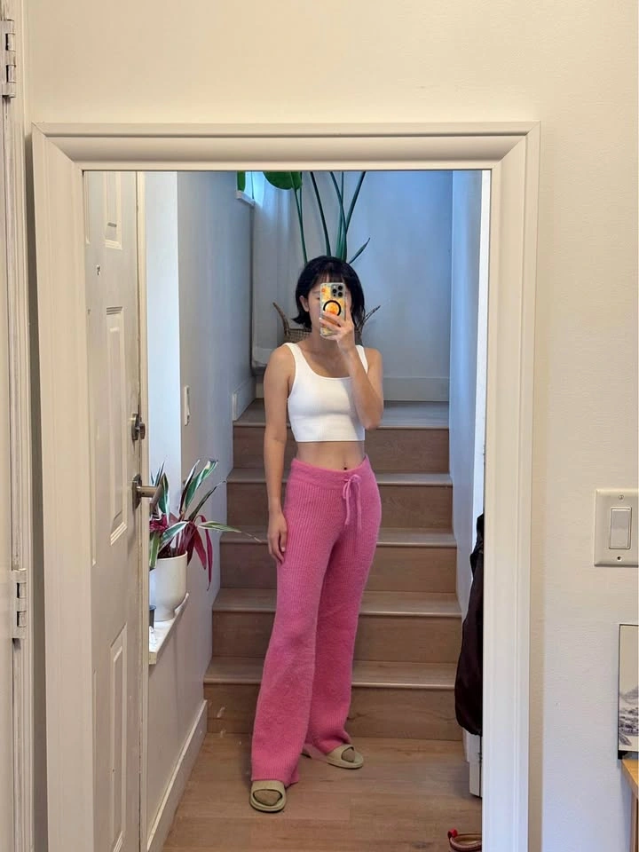 Pink Fuzzy Knit Wide-Leg Pants