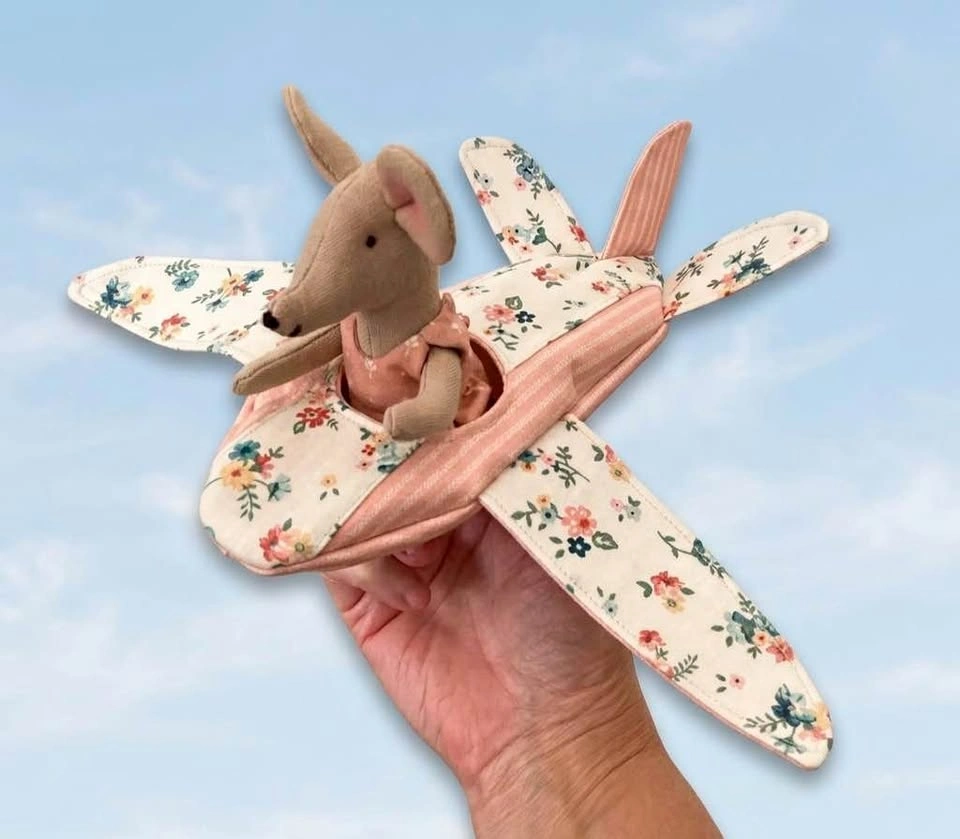 Handmade Floral Fabric Toy Airplane & Mouse Pilot
