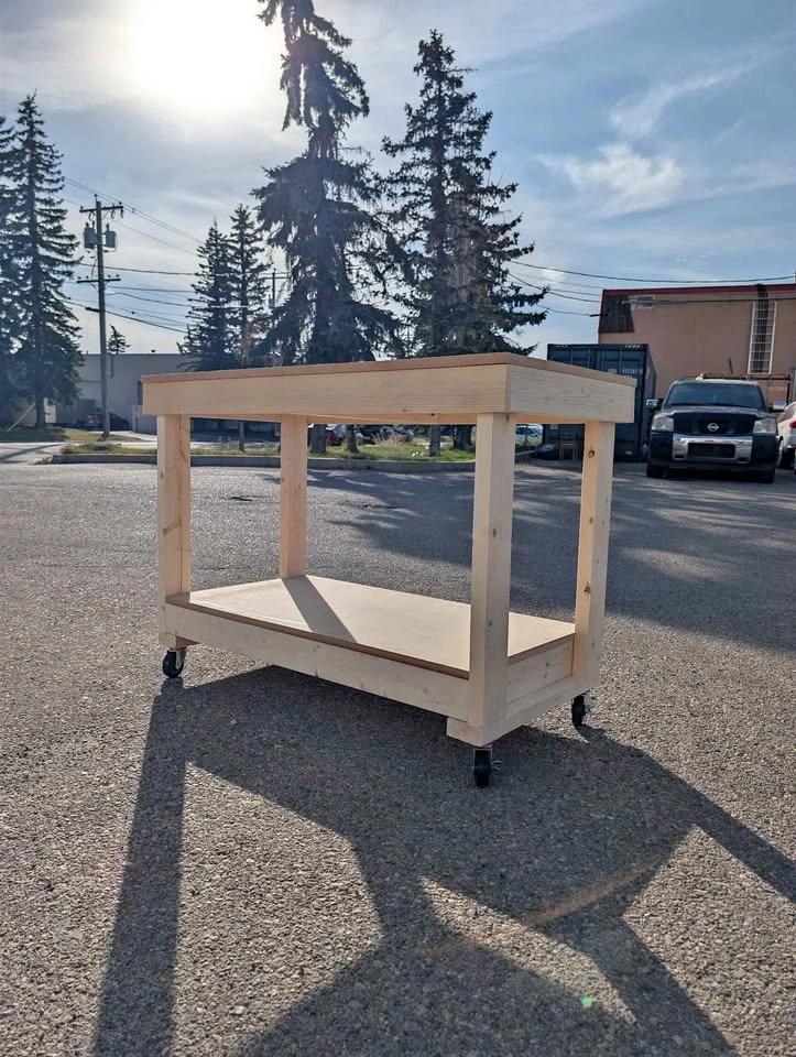 Handmade Wooden Mobile Workbench with Shelf