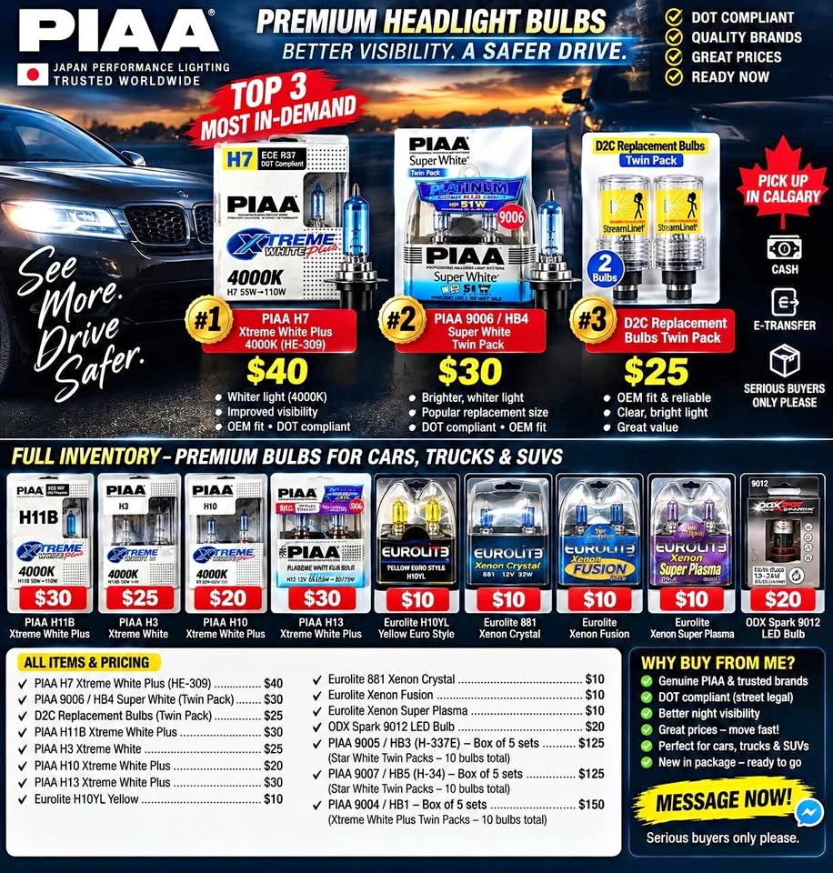 PIAA Headlight Bulbs H7 H10 H11B and LED – NEW
