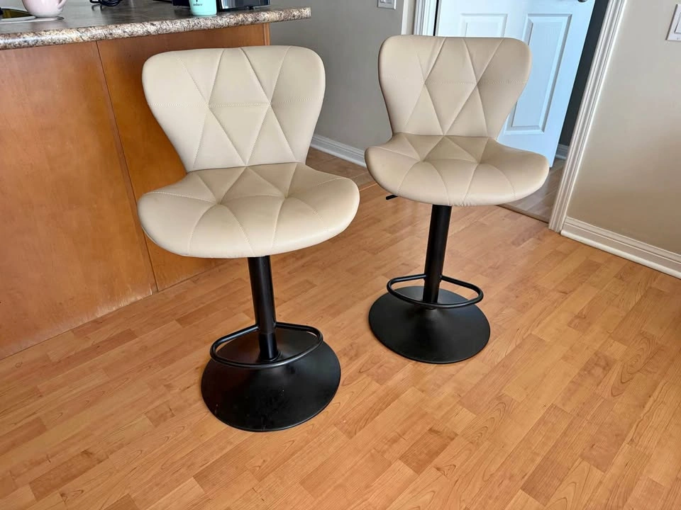 Pair of Beige Faux Leather Adjustable Bar Stools