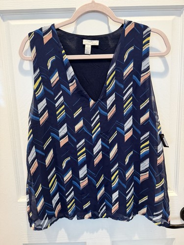 Halogen Navy Geometric Sleeveless V Neck Tank Blouse Medium