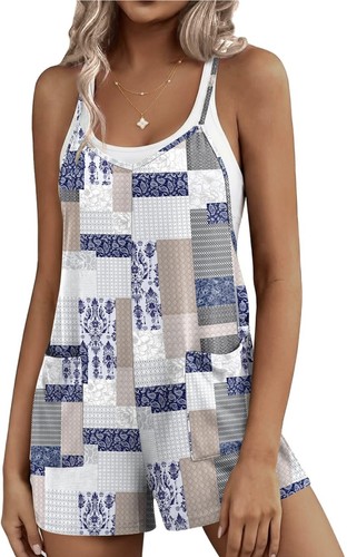 Women’s Boho Patchwork Tank Top Romper – Adjustable Straps