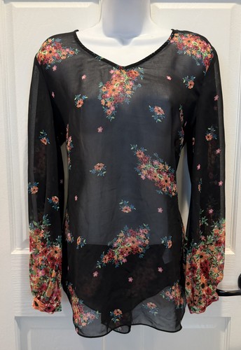 Cabi Womens Small Blouse Black Floral V Neck Balloon Sleeve