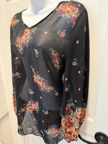 Cabi Womens Small Blouse Black Floral V Neck Balloon Sleeve - photo 3